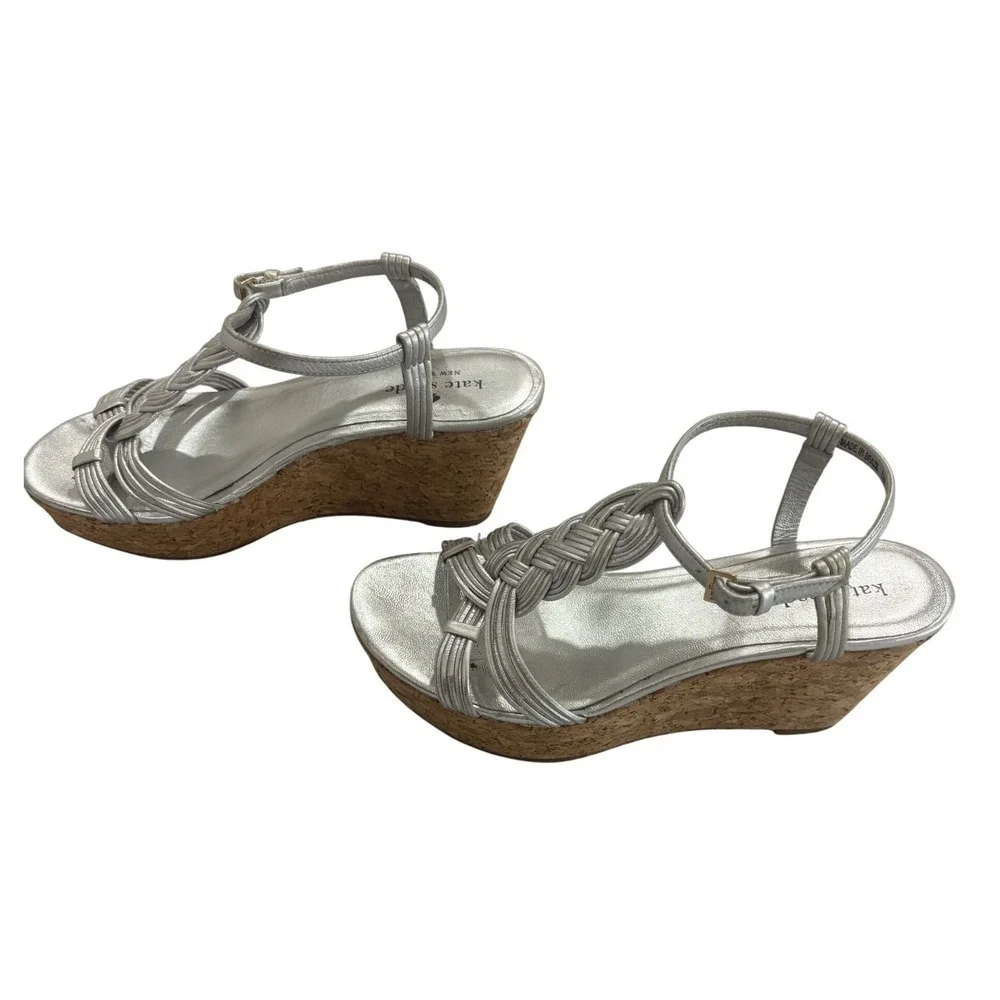 Kate Spade New York Silver Metallic‎ Braided Cork Wedge Sandals Size 6M Brazil